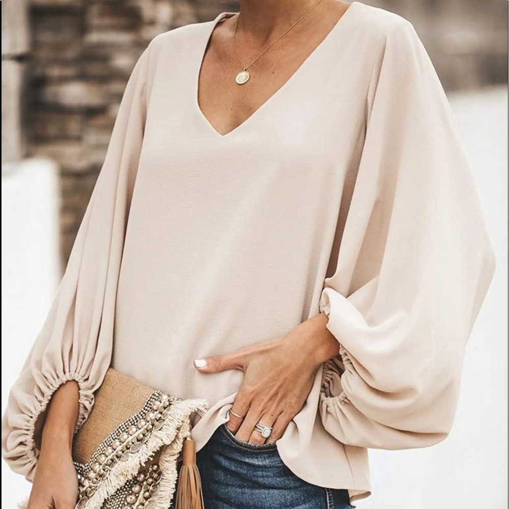 NEW Tan Chiffon Blouse Billow Sleeves Size Med